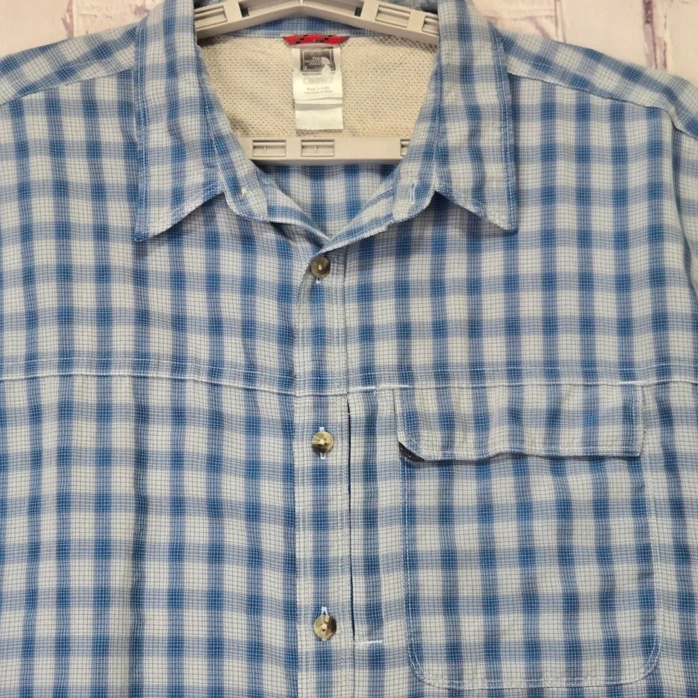 VTG Y2K The North Face Mens Plaid Short Sleeve Button Up‎ Shirt XXL Blue Outdoor